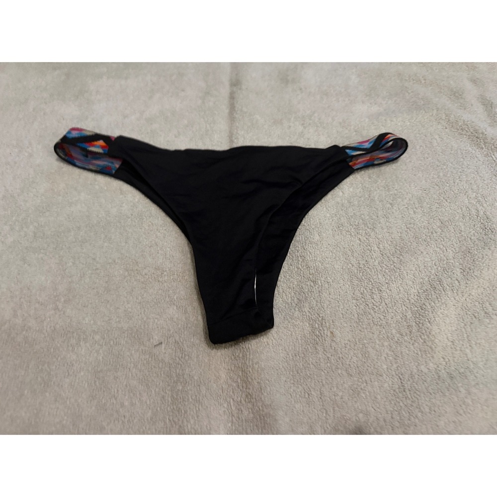 L Space Itsy Cut Bikini Bottom Black Multi Color Embroidered Straps Large